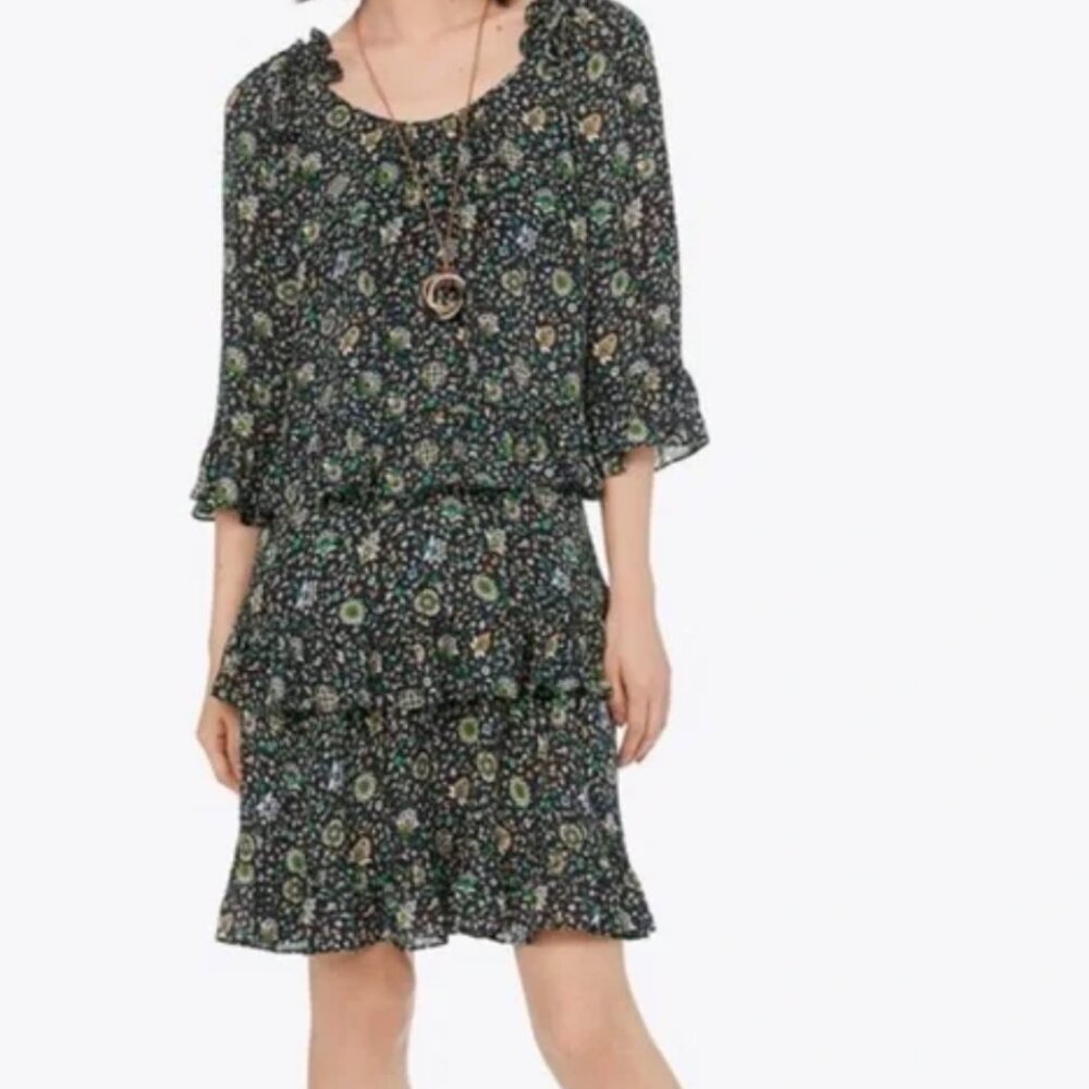Tory Burch 100% Silk 3-Tier Navy Soleil Ruffle Dress, Size 12